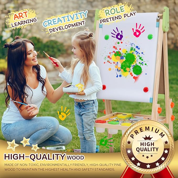 Kids Easel Including 100+ Accessories, Rundad Double Sided Wooden Easel for Kids Age 3-8 with Magnetic Chalkboard & Painting Board, Free Height Adjustable Art Easel Supplies for Toddlers