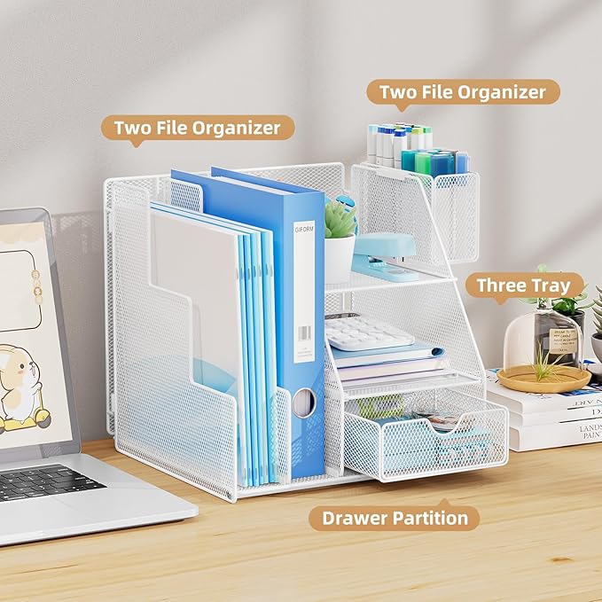 Marbrasse Desk Organizer and Accessories, 3-Tier File Organizer with Drawer and Pen Holder, Small Desktop Organizer and Storage for Workspace Office Supplies White