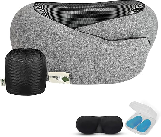 Travel Neck Pillow 100% Memory Foam, Ergonomic 360° Support Pillow for Flights, Car, Office & Train, Breathable Travel Essentials for Adults & Kids, Neck Pain Relief, (GREY)