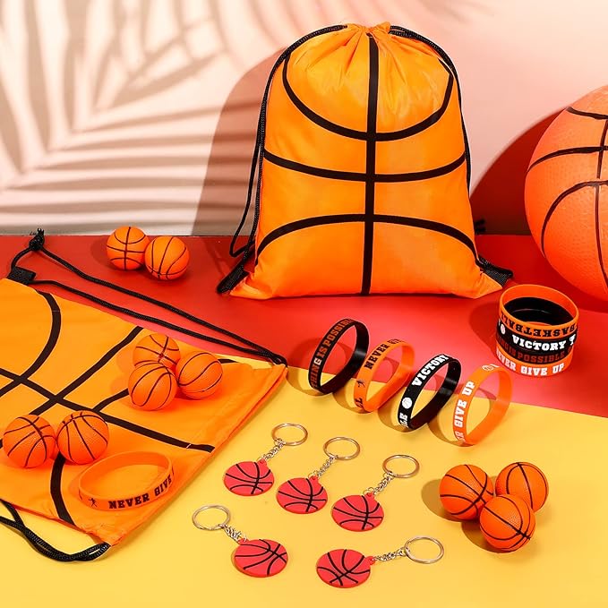 LEIFIDE 48 Pcs Basketball Soccer Football Baseball Party Favors Supplies 12 Silicone Bracelet 12 Drawstring Treat Bag 12 Mini Stress Ball 12 Keychains for Birthday Sports Party Supplies(Basketball)