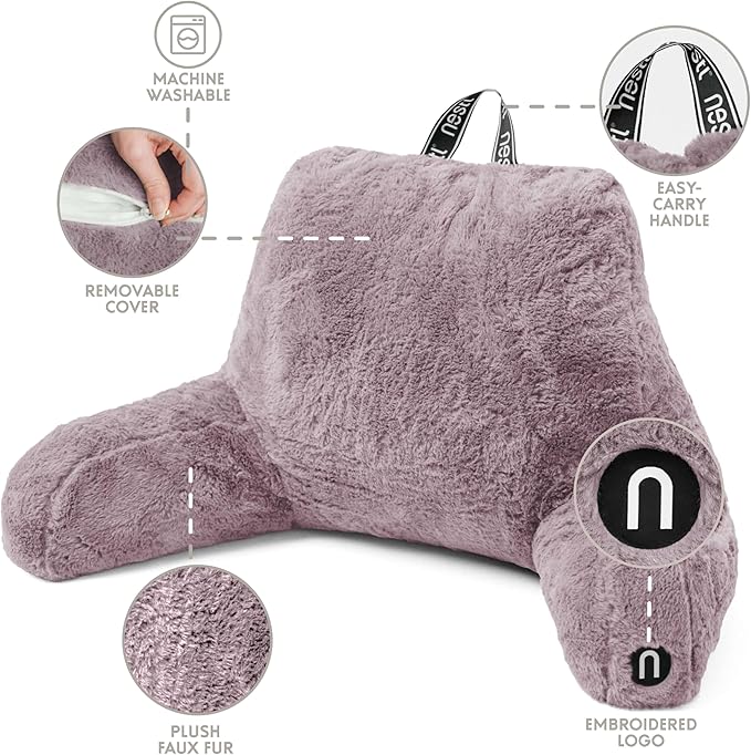 Nestl Fur Reading Pillow, Stylish Back Pillow for Bed Sitting Up, Faux Fur Bed Chair Pillow with Arms, Reading Pillows for Sitting in Bed Adult & Kids, Back Support Pillow for Bed Rest - Dusty Purple