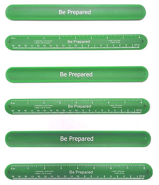 Boy Scout Be Prepared Green Ruler Slap Band: Pack of 6 - Great Item for Scout Dens, Favors, Gift, Prize, Fun Items, Accessories, Fidget Bracelet.
