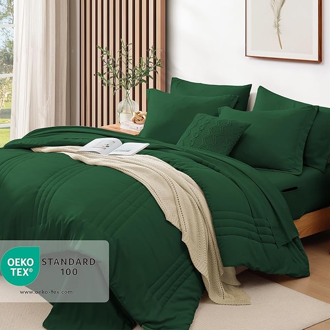 Monbix Full Comforter Set - 7 Pieces Emerald Green Bed in a Bag Full Size Bedding Sets with Comforters, All Seasons Comforter with Sheets, Pillowcases & Shams