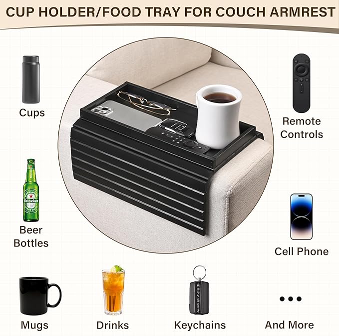 Bamboo Sofa Arm Tray, Anti-Dropping Couch Arm Tray, Foldable Sofa Armrest Tray Couch Arm Table for Eats, Drinks, Snacks, Remote, Cellphone, Cup Holder, Back Anti-Slip Pad Design