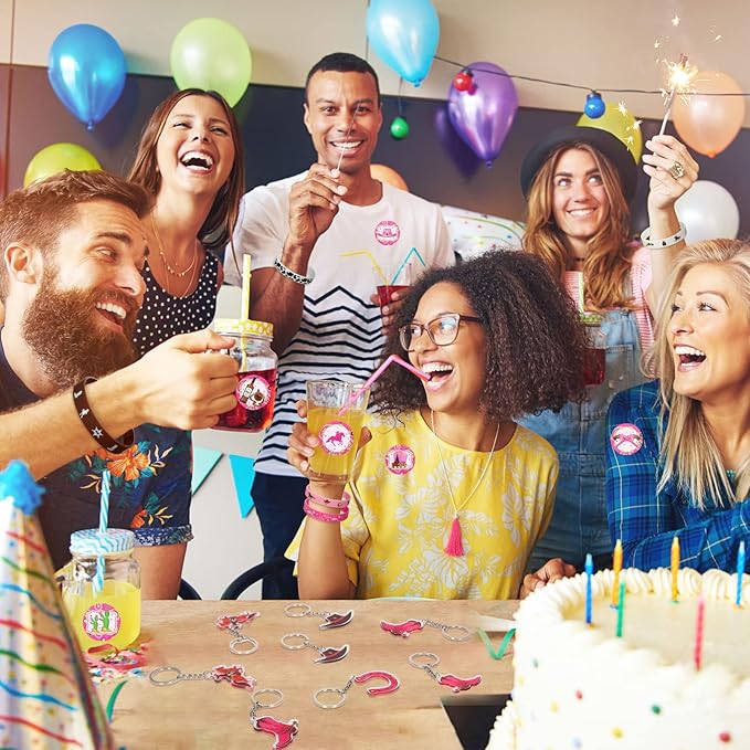 HyDren 48 Pcs Cowgirl Birthday Party Favors Including Cowgirl Silicone Bracelets Stretch Wristbands Acrylic Keychains and Round Stickers for Western Themed Birthday Gathering Party Supplies