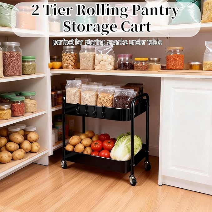 LIWNYRK 2 Tier Rolling Cart with Wheels for Under Desk Storage & Pantry Room, Large Capacity Laundry Room & Makeup Organizer, Sturdy Kitchen Utility Cart for Small Space with 4 Hooks, Black