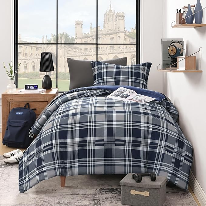 MaiRêve Navy Blue Twin XL Comforter Set, Twin XL Bedding Sets for Boys Girls 5 Pieces for Dorm Farmhouse All Season Lightweight &Comfy with Fitted Sheet, Flat Sheet (Navy Blue, Twin XL, 66"x90")