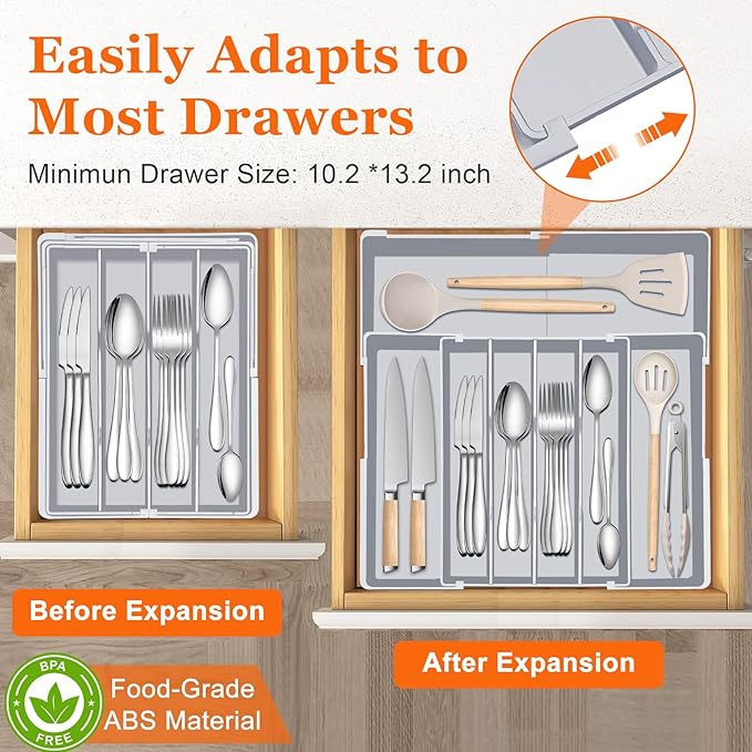Spaclear Silverware Organizer for drawer - Adjustable Kitchen Drawer Organizer Utensil Drawer Organizer, Expandable Silverware Tray for Drawer Utensil Organizer for Forks, Knives, Grey
