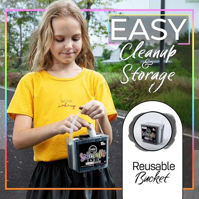 Loddie Doddie 15ct Bucket of Black & White Jumbo Sidewalk Chalk - Non-Toxic Sticks - Reusable Bucket for Fun & Creativity with Easy Cleanup