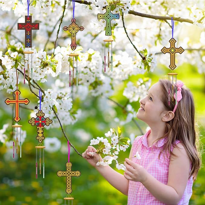 Fennoral 9 Pack Cross Wind Chime Kit for Kids Make You Own Sunday School Craft for Girls Boys DIY Coloring Wooden Christian Crafts for Religious Art Party Decoration Birthday Gift