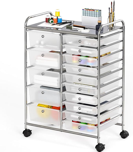 Simple Houseware Utility Cart with 15 Drawers Rolling Storage Art Craft Organizer, Chrome