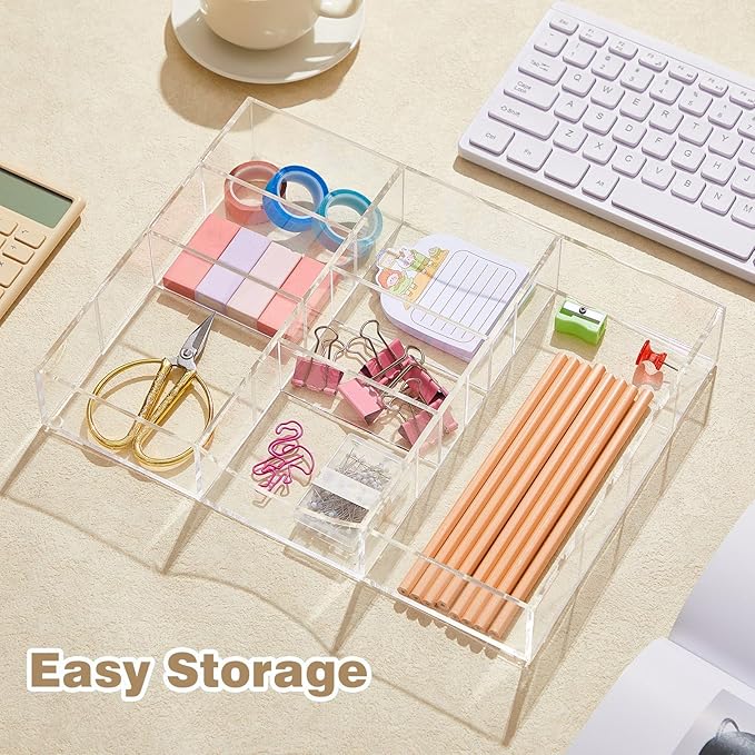 Briwooody Acrylic Drawer Organizer Clear Desk Drawer Organizer Trays with Adjustable Compartments Desk Accessories for Office Stationery Makeup Silverware Bathroom (Non Expandable)