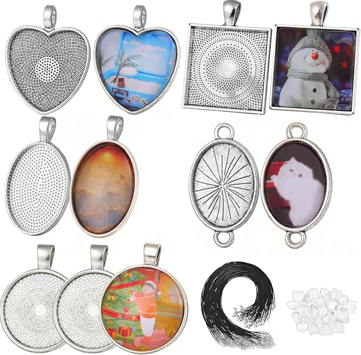 Bezel Pendant Trays Gold and Sliver, Rhinestone Bezel Pendants Trays for DIY Jewelry Craft Making, Picture Necklace Pendant Trays with Clear Glass Cabochons and Chains