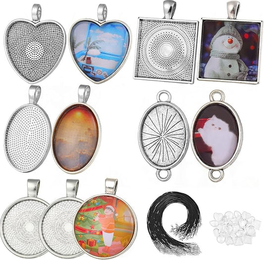 Bezel Pendant Trays Gold and Sliver, Rhinestone Bezel Pendants Trays for DIY Jewelry Craft Making, Picture Necklace Pendant Trays with Clear Glass Cabochons and Chains