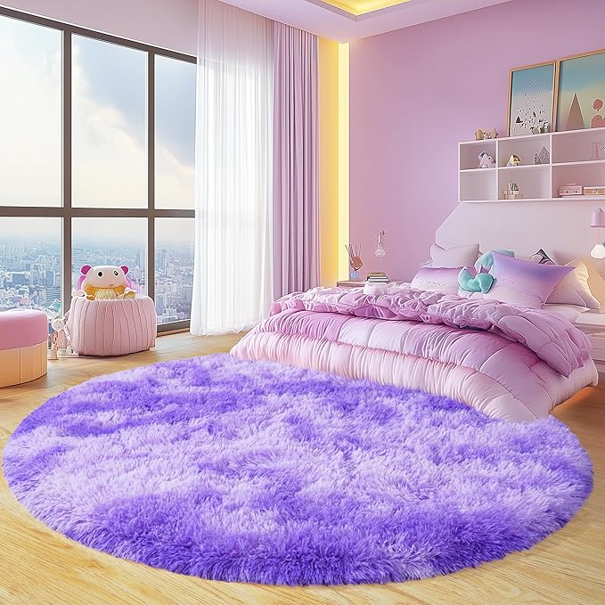 Xexsin Round Fluffy Rugs 6Ft for Girls Bedroom, Tie-Dyed Purple Shag Circle Kids Rug Non-Slip for Bedside Dorm Nursery Playroom, Soft Cute Area Rugs for Living Room Decor