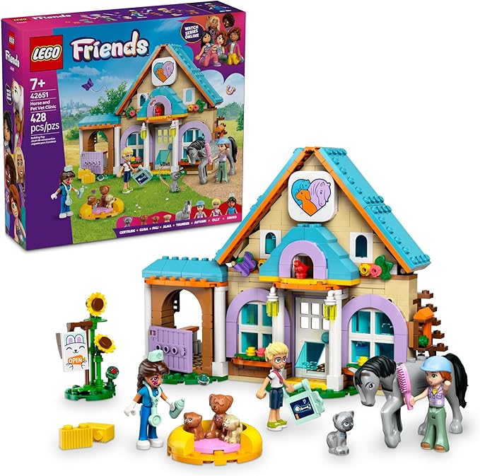 LEGO Friends Horse and Pet Vet Clinic -Veterinarian Playset for Kids, Girls and Boys, Ages 7+ - Toy Building Set for Pretend Play with 3 Minidolls, Horse Toy, Dog, and Cat - Gift Idea - 42651