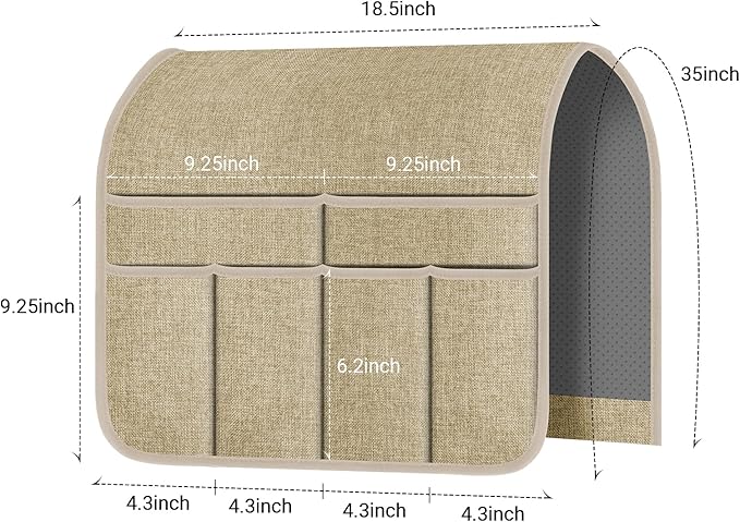 Armchair Caddy & Remote Control Holder for Couch & Recliner | Non-Slip Armrest Organizer with 6 Pockets for TV Remote, Phone, Tablet, Magazine & More, 19 x 35 Inches, Beige