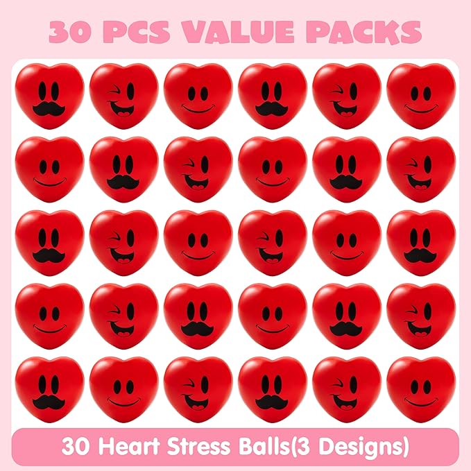 JOYIN 30 Pcs Valentine's Day Red Heart Shape Stress Ball, Valentines 1.5 inch Heart Squeeze Ball Squishy Toy Exchange Gift for Kids, Stress Relief Party Favors, Holiday Reward Prizes