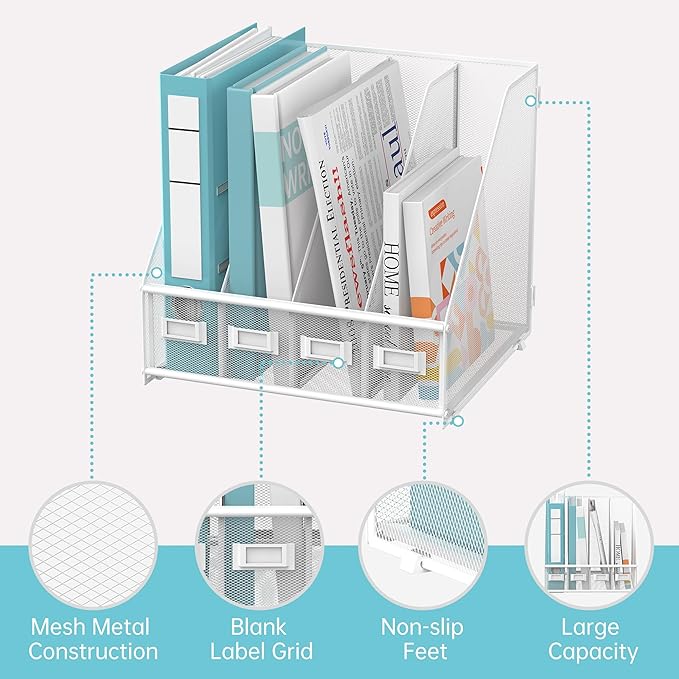 SUPEASY Magazine File Holder, Binder Holder Metal Desk Organizer with 4 Rack Compartments, File Organizer for Office Home School, White