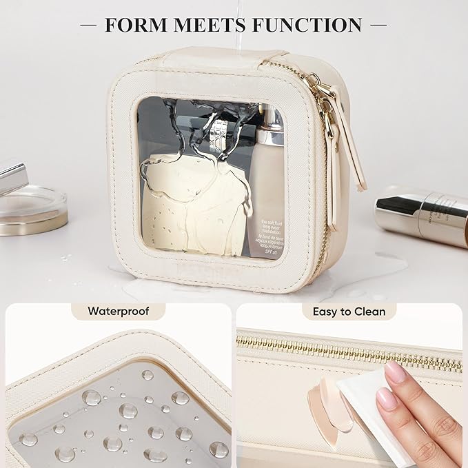 MSTONAL Clear Makeup Bag, Travel Toiletry Bag Cosmetic Case for Women, Waterproof Portable Small Make Up Skincare Pouch with Zipper, Compact Car Organizer Bag for Essentials, Mini Size, Beige