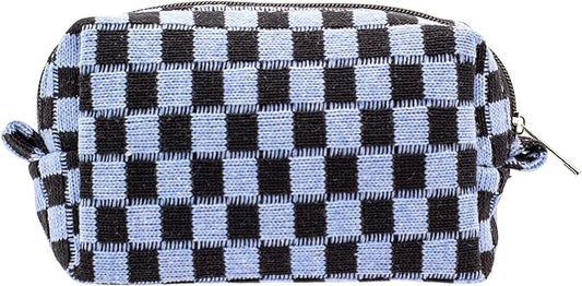 PAZIMIIK Checkered Makeup Bag for Purse Portable Zipper Make Up Pouch Small Cosmetic Case for Travel Accessories (Blue Black)