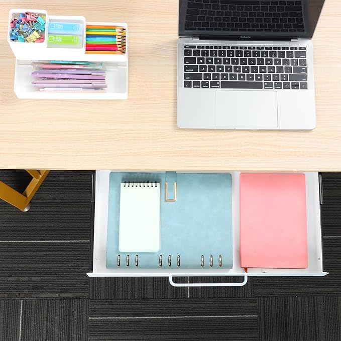OSteed Under Desk Drawer White 21" with 4 Divider Trays, Under Shelf Pencil Drawer Pull-out, Standing Desk Metal Storage Attachment Slide Out for Workbench