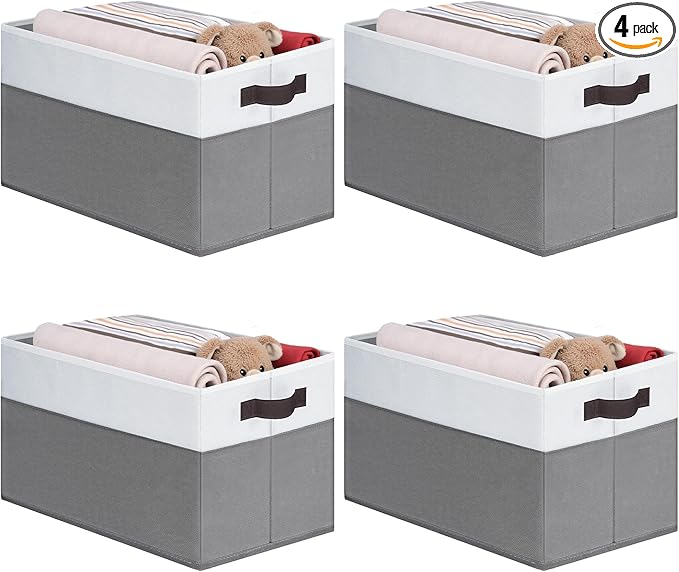 Cupic Cupid Storage Bins Closet, Fabric Closet Organizers and Storage, 4-Pack Baskets for Organizing, Large Storage Boxes with Handles for Clothes and Toys, Gray and White