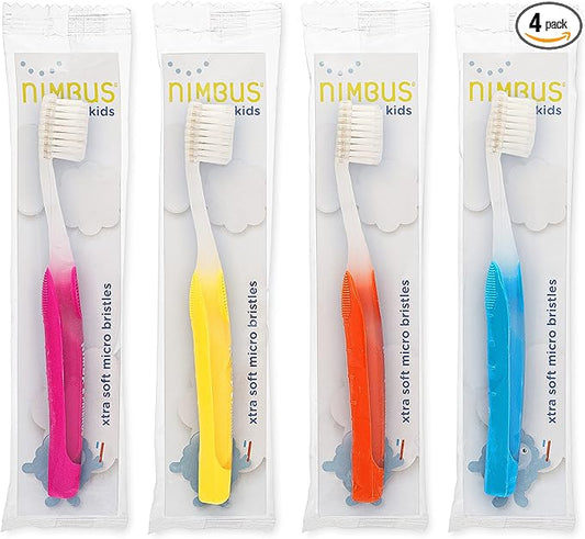 NIMBUS NIMBY Kid's Extra Soft Toothbrushes for Sensitive Teeth and Receding Gums, Periodontist Design Plaque Remover Travel Toothbrush, Individually Wrapped (4 Pack, Colors May Vary)