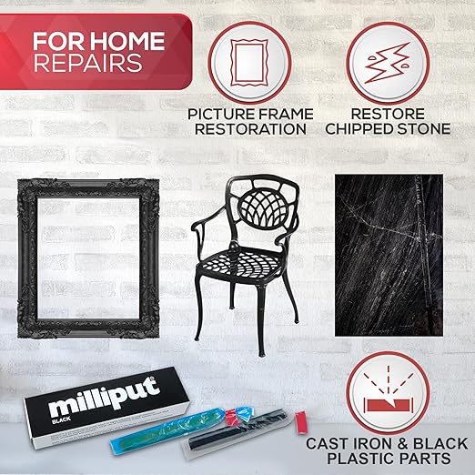 Milliput Epoxy Putty 10 Piece Set, Black Version - with Sculpting Tools, Sanding Pad and Gloves - Air Dry Moldable Plastic Plumbers Clay - Ceramic Tile, Marble and Quartz Countertop Chip Repair Kit