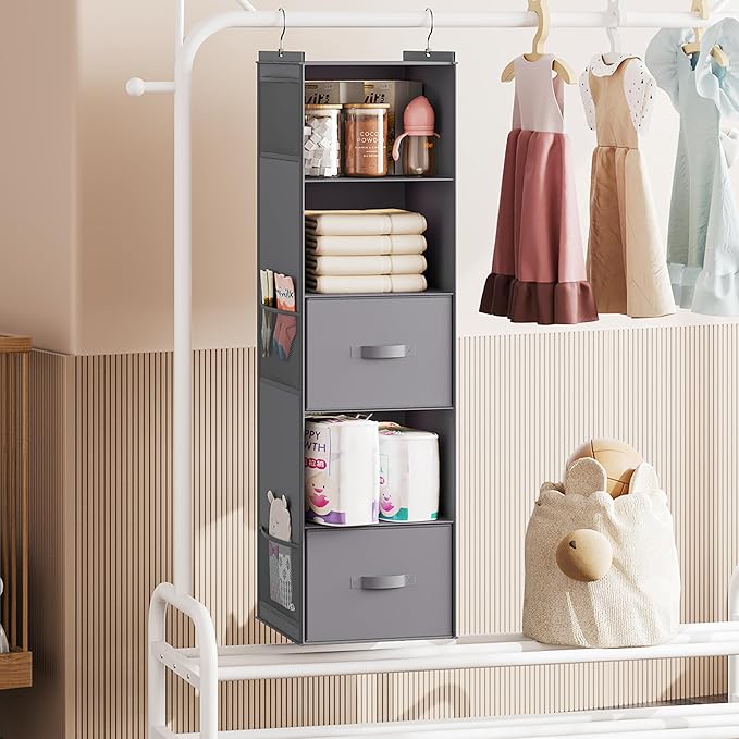 YOUDENOVA Hanging Closet Organizer, 5 Tier Hanging Closet Shelves with Drawers and 6 Side Pockets, Grey