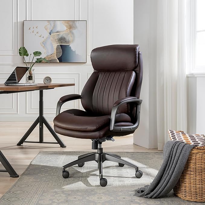 La-Z-Boy Nova Vegan Leather Modern Executive Ergonomic Design Office Chair, Memory Foam Thick Contoured Seat Back with Patented Lumbar Support Technology, Soft to Medium Sit Comfort, Brown