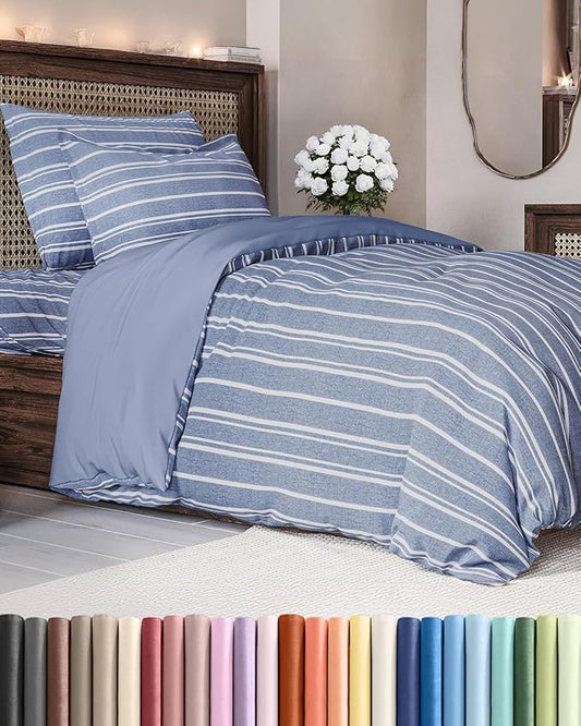Duvet Cover Twin/Twin XL Size Set - Extra Soft Duvet Cover 68 x 90 with 1 Pillow Sham - Hotel Luxury, Easy Care and Fade Free w/ Zipper Closures & Ties - Comfy, Breathable Bedding Set (Blue Stripes 3)