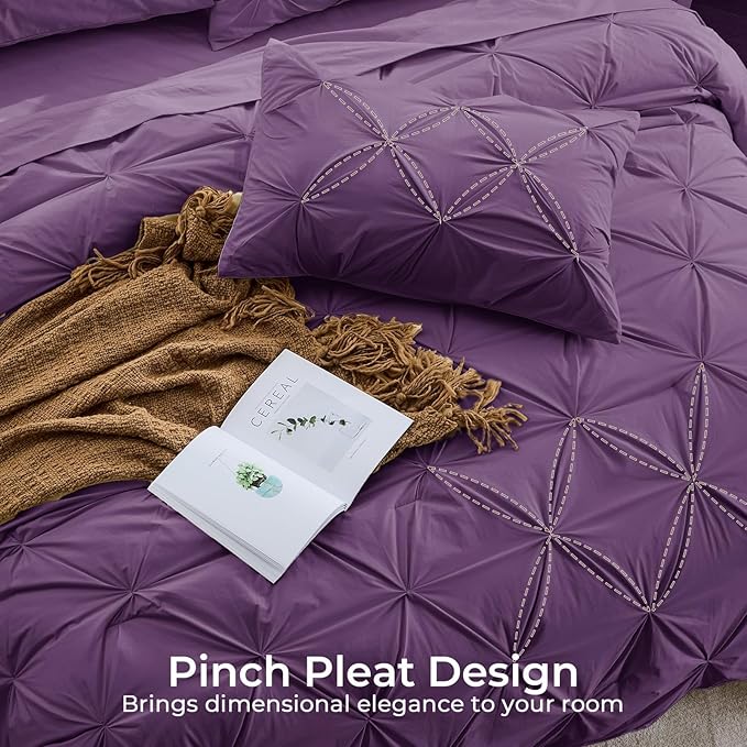 Sasttie California King Comforter Set, 7-Piece Bed in a Bag Cal King, Pintuck Bedding Set for All Season, Includes Comforter, Flat Sheet, Fitted Sheet, Pillowcases and Pillowshams, Grape Purple