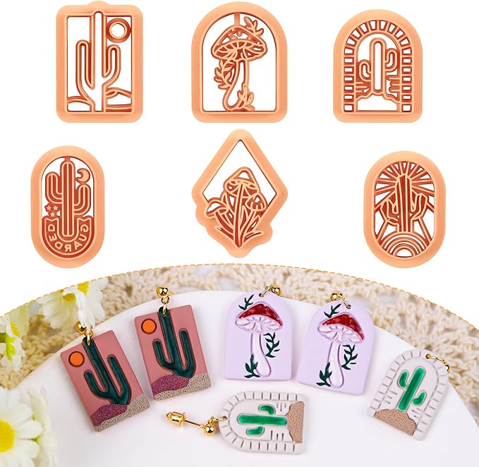 Puocaon Mushroom Polymer Clay Cutters - 6 Pcs Cactus Desert Scene Clay Cutters for Earrings, Cottagecore Mushroom Polymer Clay Cutters for Jewelry Making, Sunrise Western Clay Cutters for Jewelry