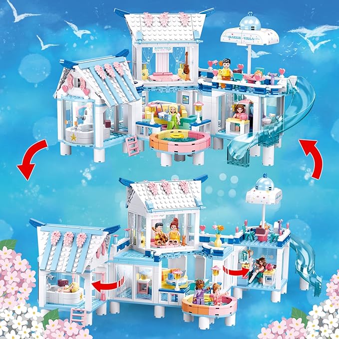 Friends Water Villa Building Set with 7 Minifigures, Summer Vacation Villa Friends Building Toys for Girls, Compatible with Lego Friends Girls, for Princess Girls, 938 PCS