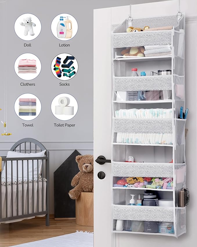 ULG 1 Pack Over Door Organizer with 5 Large Pockets 10 Mesh Side Pockets, Upgraded Linen Texture Over The Door Storage, 44 lbs Weight Capacity Hanging Storage Organizer, Light Gray