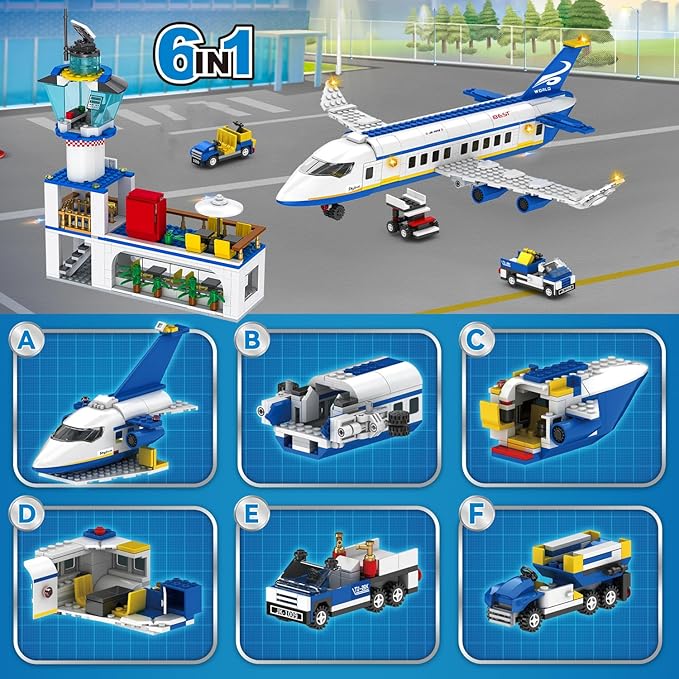 886 Pcs City Airport Passenger Terminal Building Set, 6 IN 1 Airplane Building Blocks Toy, STEM Aircraft Bricks with Shuttle Bus,Luggage Cart,Planes Model Toys Gifts for Adults Boys Ages 6-12+