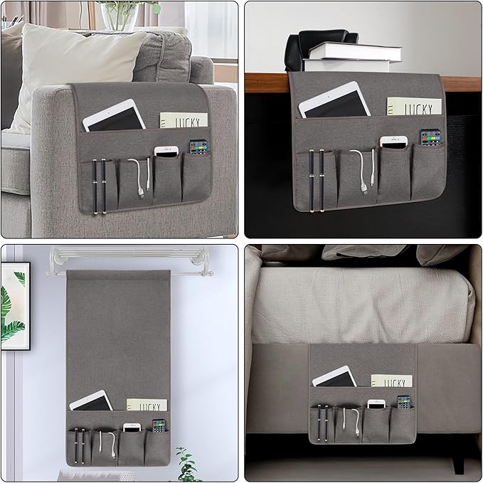 NB Sofa Armrest Organize remote holder bedside caddy organizer with 5 pockets，non-slip couch remote control holder couch armchair caddy accessories (Dark Grey, 35''x18'')