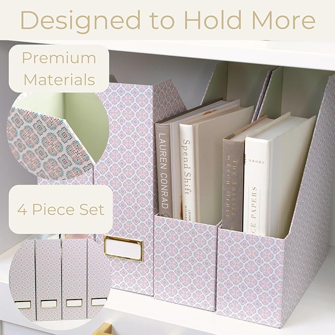 BLU MONACO | Foldable Magazine File Holder Set of 4 | Moroccan Tile Cardboard Organizers | Vertical Desk and Shelf Storage for Home Office Dorm | Decorative File Boxes