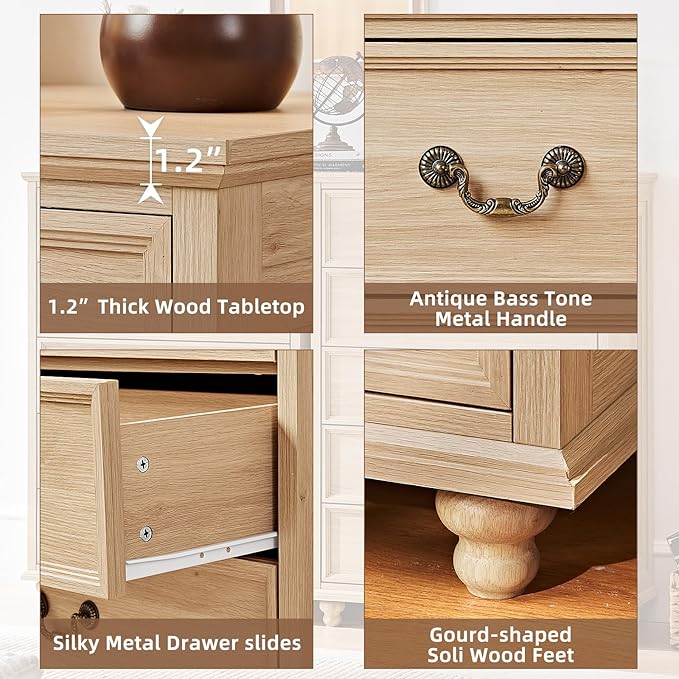 Farmhouse 5 Drawer Dresser for Bedroom, 45" Tall Vinatge Chests of Drawers w/ 4 Solid Gourd Feet, Mid Century Modern Boho Wood Closet Storage Dressers Organizer for Living Room, Natural Oak