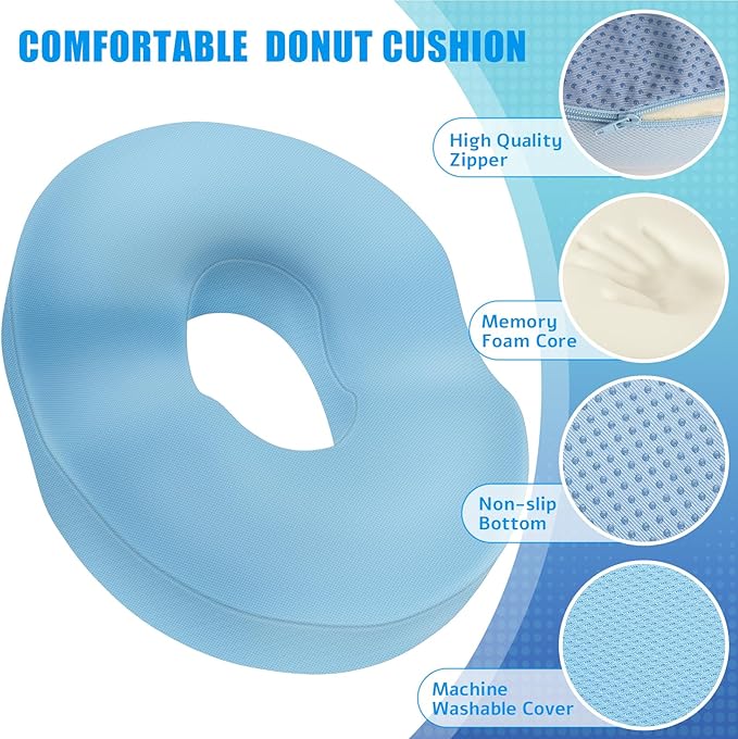 BlissTrends Donut Pillow Seat Cushion, Donut Chair Cushions for Postpartum Pregnancy & Hemorrhoids, Tailbone Pain Relief Cushion, Lifting Cushions for Office & Home Chairs (Light Blue, X-Large)