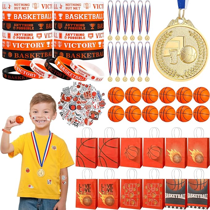98 Pcs Basketball Party Favors Set for Kid Boy Basketball Team Gift Bulk 12 Basketball Medals 12 Paper Gift Goodie Bag 12 Foam Basketball 50 Stickers 12 Wristband for Classroom Reward Prizes Birthday