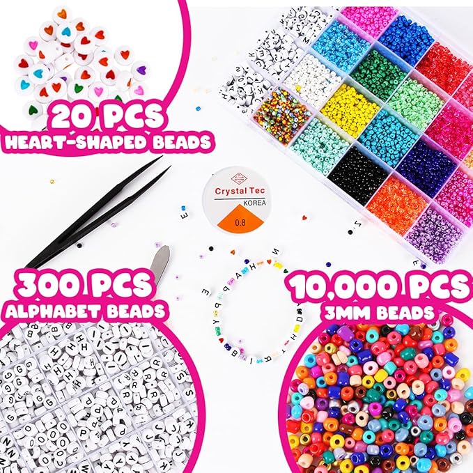 Goody King Jewelry Making Kit Beads for Bracelets - 5000+pcs Bead Craft Kit Set, Glass Pony Seed Letter Alphabet DIY Art and Craft - Gift for Her Women Kid Age 6 7 8 9 (3mm)
