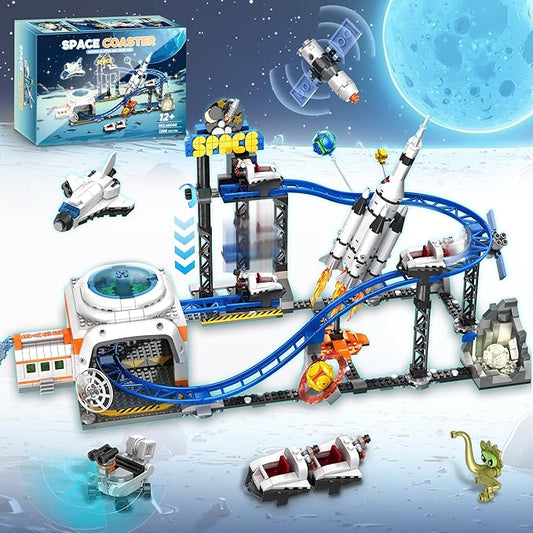Space Roller Coaster Building Toy for Boys 12+, City Amusement Park Building Block Featuring a Roller Coaster Toy, Lift Platform, Satellites, Rocket, Christmas Toy for Kids Ages 12+, 1288Pcs