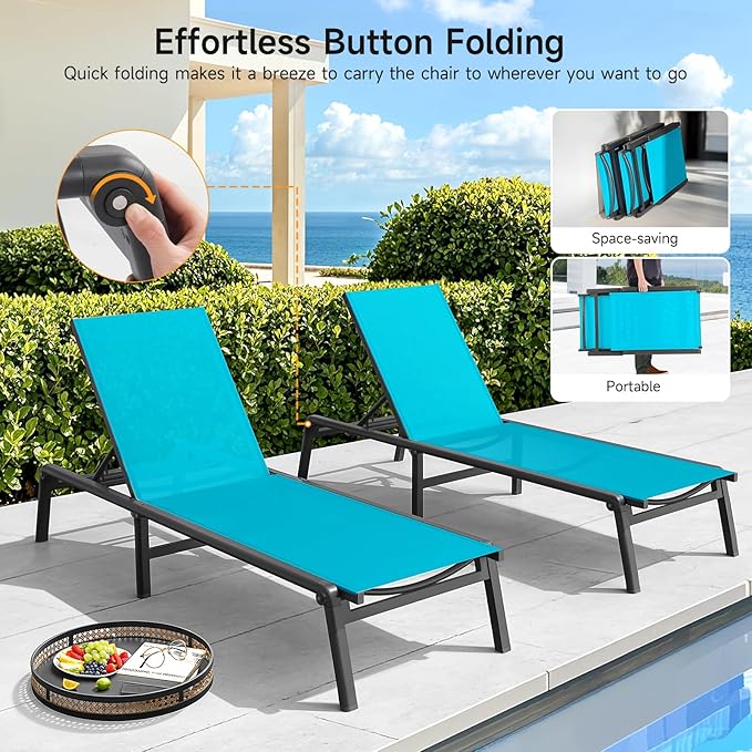 Aluminum Chaise Lounge Chair Outdoor, Foldable & Assembly Free Outdoor Lounge Chair with 5 Position Adjustable Backrest, Patio Pool Lounge Chairs for Outside Poolside Beach Lawn, 1PC, Lake Blue
