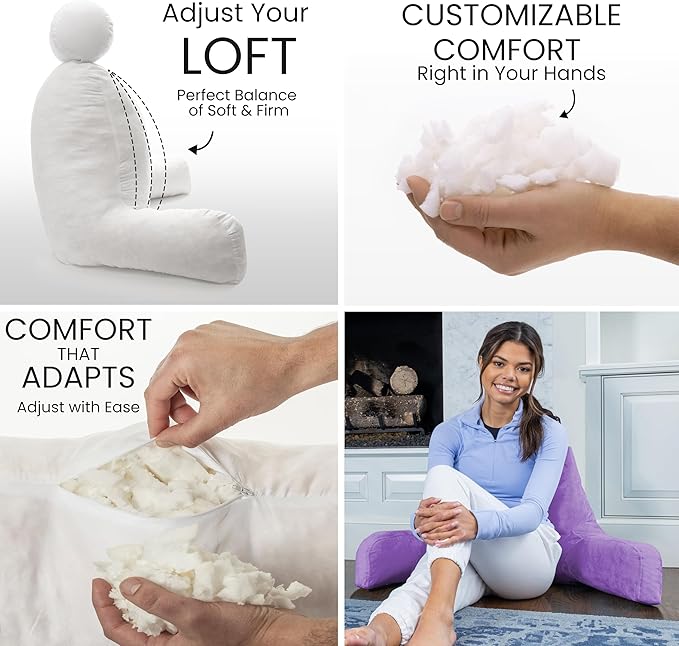 Husband Pillow Light Purple, Original Reading Pillow in Bed Rest Chair, Shredded Memory Foam Large Lounge Cushion Adult Backrest with Arms, Comfy Back Support for Sit Sitting Up, Wash/Removable Cover