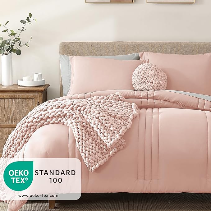 Monbix Queen Comforter Set - 7 Pieces Light Pink Bed in a Bag Queen Bedding Sets with Comforters, All Seasons Comforter Bed Set with Sheets, Pillowcases & Shams