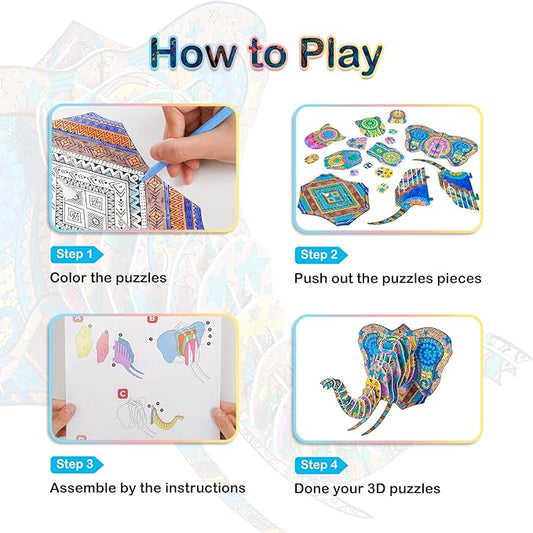 Hautton 3D Coloring Puzzle, Creative DIY Painting Puzzle Set Toy with 10 Coloring Pens, Fun Arts Crafts Gift for Kids Age 3 4 5 6 7 8 9 10 11 12 -Elephant