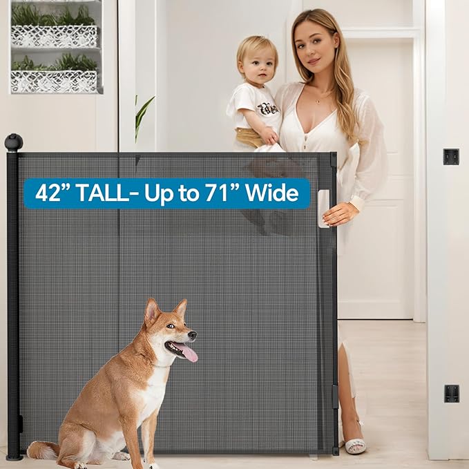 Bulubaky Extra Tall Safety Retractable Baby Gate Adjustable Wide Retractable Dog Gate Mesh Baby Gate Child Gate for Doorway, Hallway, Stair Gates for Kids or Pets (Black, 42" Tall x 71")