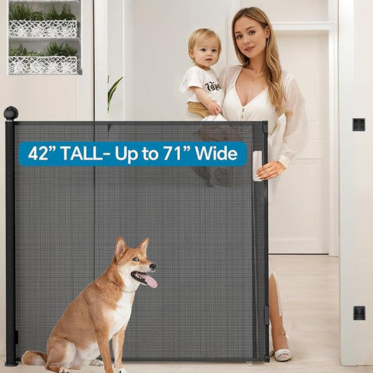 Bulubaky Extra Tall Safety Retractable Baby Gate Adjustable Wide Retractable Dog Gate Mesh Baby Gate Child Gate for Doorway, Hallway, Stair Gates for Kids or Pets (Black, 42" Tall x 71")